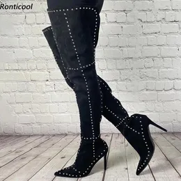 أحذية Ronticool مصنوعة يدويًا النساء الشتاء الفخذ جانب السوستة Sexy Stiletto Cheels المدببة في إصبع القدم الأسود Night Club Shoes US 5-15