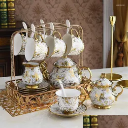 Cups Saucers Nordic Noble Bone China Coffee Pot Cup Saucer Sugar Bowl Set Luxury Ceramic Mug Top-Grade Tea Spoon Drop Delivery Hom Dhony