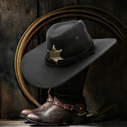 Ins unisex kvinnor män imitation mocka sex spetsiga stjärna sheriff breda rim solsolskydd cap strand cowboy cowgirl western hatt 240327