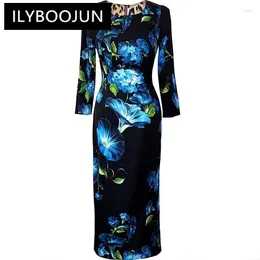 Casual Dresses ILYBOOJUN Fashion Runway Designer Women's Silk Elegant Long-Sleeved Morning Glory Printed Vintage Hip Wrap Pencil MIDI Dress