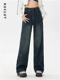 Jeans da donna KUCLUT Vintage a vita alta per le donne 2024 Moda Casual pantaloni dritti allentati Bule cerniera verso il basso gamba larga lunga