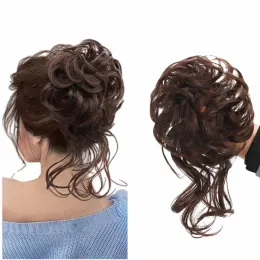 Chignon Real Human Curly Messy Hair Bun with Fringe Tail Tousled Updo Scrunchies Hair Pieces Elastic Hair Band Ponytail Hair Extension