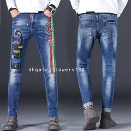 Jeans masculinos Jeans da moda da moda impressão bordada masculina Slim Casual Casual Vintage Juventude Alonga Alonga Alongamento Longo Jeans Cowboy Jeans Jeans