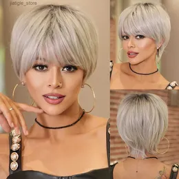 Synthetic Wigs NAMM Silver Ash Short Wig for Women Daily Party Overhead Dyeing Black Natural Synthetic Lavender Heat Resistant Straight Wigs Y240401