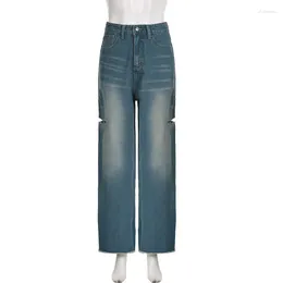 Kvinnors jeans stylewomens jeanswomens 2024 Summer American Street High midja breda benbyxor Lossa personligt sidhål tvättat blått