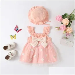 Girls Dresses Girl Sweet Baby Summer Princess Dress Square Neck Flying Sleeve Big Bow Butterfly Applique Tle Vestidos Kid Childrens Dr Dhmxd