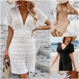 Basic Casual Dresses Cutout Cloghet Bikini Swim Er Up For Women Y V-Neck Short Sleeve Beach Tunic Mini Dress 2024 Summer Beachwear Dro Otxuo