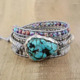 Braccialetti con ciondoli Bracciale Boho con perline di diaspro imperiale turchese 5 fili avvolto in pelle di pietra per regali di compleanno da uomo