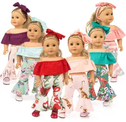 Pantaloni con fondo scampanato in tessuto con spalle scoperte Fascia per capelli Set completo per vestiti per bambole da 18 pollici American Girl Doll6860265
