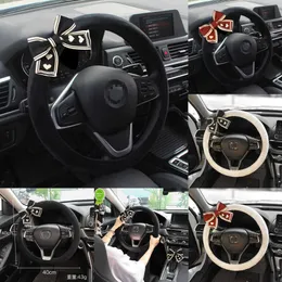 2024 니트 애호가 Bow Knot Universal Car Steering Wheel Cover 소프트 플러시 스티어링 휠 케이스 귀여운 여성 자동 인테리어 장식
