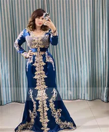 Elegantes marokkanisches Kaftan-Abendkleid, formelle Partykleider, blaue Spitzenapplikationen, algerisches Dubai, islamisches muslimisches Meerjungfrau-Abschlussballkleid Lo3421955