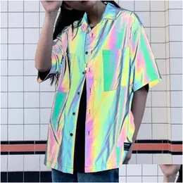 Camisas casuais masculinas caem homens refletivos de manga curta camisa de rua Hip Hop Punk Blouse Man Vintage Rainbow Roupas Deliver