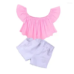 Комплекты одежды из 2 предметов, комплект одежды для девочек, рубашка на одно плечо, короткие джинсовые шорты с рваными отверстиями, детский модный топ-труба, однотонные розовые, белые джинсы