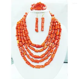 Комплект серег-ожерелья. Изысканное модное классическое оранжевое 5-слойное коралловое ожерелье. Свадебный браслет африканской невесты. Серьги и комплект ювелирных изделий.