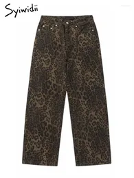 Calças de brim femininas syiwidii leopardo impressão baggy para mulheres retro cintura alta solta calças jeans y2k moda hip hop streetwear oversized