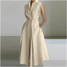 Vestidos casuais básicos vestido macio cintura-cintura longo elegante a linha midi com botão de lapela detalhe cintura alta para comutar formal mulheres d dhtvw