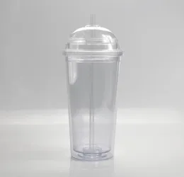 Çift Tumbler 20oz Cups ile Plastik Saman artı Akrilik Kapak Seyahat Duvar Tumbleri Yalıtımlı Açık Saman Yeniden Kullanılabilir Kubbesi Tumbler 3236120