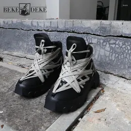 Stivali Streetwear Runway Uomo Cinghie incrociate Caviglia alta Scarpe in vera pelle Stringate Vintage Piattaforma spessa Sicurezza