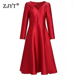 Casual Dresses ZJYT Elegant Beading Red Wedding Party For Women 2024 Designer Spring Fashion Long Sleeve Aline Cocktail Formal Dress