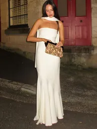 Sexy Elegant Strapless Flare Maxi Dresses with Shawl Beautiful White Red Evening Dress for Women