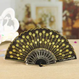 Dekorativa figurer Fällbara fans Peacock Feather Printed Chinese Style Dance Wedding Hand Lace Held Flowers Abanico 2024 Drop Ship