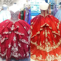 2024 Sexy Luxury Dark Red Quinceanera Dresses Gold Lace Appliques Crystal Beads Sweetheart Corset Back Ruffles Sweep Train Ball Gown Party Prom Evening Gowns