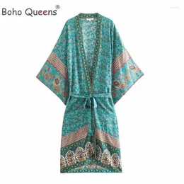 Boho Queens Kadın Çiçek Baskı Bat Sleep Beach Bohemian Kimono Elbiseler Robe Ladies V Boyun Püskül Yaz Bikini Örtü