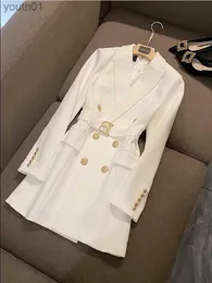 Grundläggande casual klänningar Office Lady Double Breasted Blazer Dress Women Spring Notched Long Sleeve White Black Mini Vestidos YQ240402