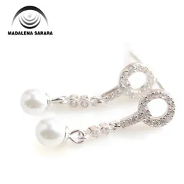 Madalena Sarara Freshwater Pearl Sterling Silver Women Earrings Full Cubic Zircon Inlay Geometrical Dangle Style 240401