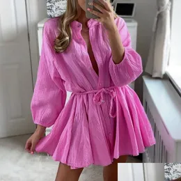 Basic Casual Dresses Summer Beach Er Up Elegant Commuting Button Mini Dress Lady Long Sleeve Twist Belted Women Solid Party Dresscasua Dhdq2