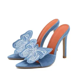 Dress Shoes Fashion Blue Denim Big Butterfly Womens Thin High Heels Slippers Sandal Sexy Toe Slides Stripper Party les Shoe H2404015HDZ