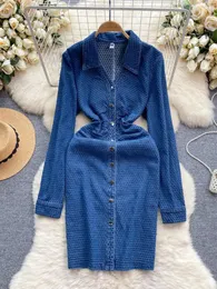 الفساتين غير الرسمية Foamlina 2024 Spring Fashion Women Denim Dress Elegant Recown Twlar Long Long Single Single Breadted Slim Lene Sals