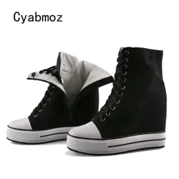 Сапоги Cyabmoz Canvas High Heels Top Top кроссовки Скрытая высота увеличивает обувь женщина, насосы Zip Женские женские туфли Tenis feminino