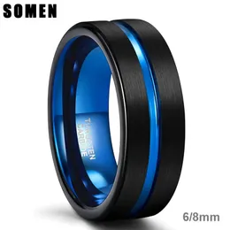 Somen 4mm 6mm 8mm volframringar för män Kvinnor Blue Center Groove Matte Finish Unisex Wedding Band Par Ring Comfort Fit 240401