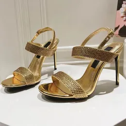 Luxury Designer shoes crystal encrusted Metallic feeling High Heel Sandals 10cm Women Fashion Buckle party Dress shoes Wedding High Heels Summer golden Ankle