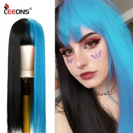 Wigs leeons lolita cosplay wig half black half blue wig pink and black wig long traity hair cosplay wig اثنين