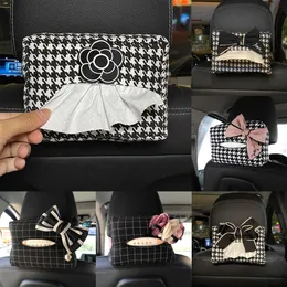 2024 Cute Bowknot Grid Car Tissue Box Auto Seat Headrest Hanging Paper Tower Holder Organizer Women Styling Car Interior Accessories