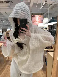 Kvinnors hoodies onalippa mohair huva tröja mild vind lösa långa ärmar koreanska mode tunna solida alla matcher pullover kvinnor