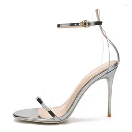 Модельные туфли UVRCOS, сексуальные сандалии на высоком каблуке с открытым носком из ПВХ, женские лоскутные сандалии на высоком каблуке 2024, вечерние туфли на тонком каблуке 10 см с ремешком на щиколотке