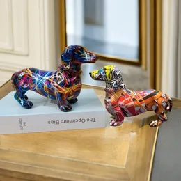 Creative Graffiti Dachshund Dog Statue Home Decor Colorful French Bulldog Sculpture Animal Figur Fature Living Room Desk Accessories 240322