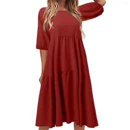 Lässige Kleider für den Sommer, für Damen, Übergröße, solides Rundhals-Kurzarmkleid, abgestufte Rüschenschicht, lockerer Schwung