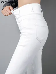 Przycisk wysokiej talii muchy białe ołówek dżinsy kobiety czarne duże rozmiar 5xl chude jeansowe leggins