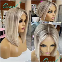 Synthetische Perücken Asche Blonde Highlight Spitze Front Perücke Menschliches Haar 360 Frontal HD Transparent Kurze Gerade Bob Für Frauen Wärme drop Delive Dhcjj