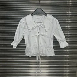 Женские блузки, летние рубашки для девочек с галстуком-бабочкой, хлопковые белые милые короткие блузки с пышными рукавами