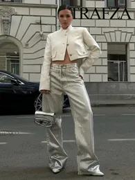 Trafza moda feminina prata cintura alta calças de carga vintage bolso decoração elegante casual solto mulher calças brilhantes y2k 240322