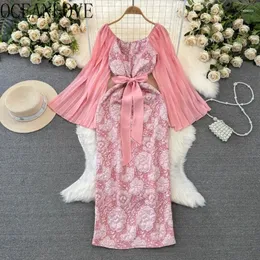 Sukienki swobodne oceanlove flare rękaw Kobiety kwiatowy wiosna jesienna vintage vintage mjer koreańska moda słodka elegancka długa sukienka