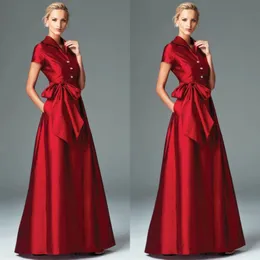 Elegante lange rote Taft-Brautmutterkleider mit Schleife, A-Linie, V-Ausschnitt, Patenkleider, formelles Partykleid, bodenlang, für Damen