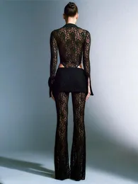 Kvinnors tvåbitar byxor Kvinnor Sexig 2 Set See Through Crop Camisole Top Sheer Floral Lace Flare Bell Slim Matching Y2K