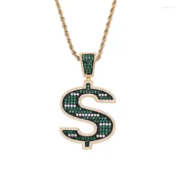 Hänge halsband Hip Hop Prong Seting Green Cz Stone Bling Out Solid Dollars Pengar Rika skylthängen för män Rapper smycken