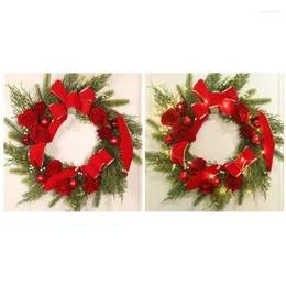 Flores decorativas grinalda de porta de natal artificial rosa flor fita vermelha arco luz led